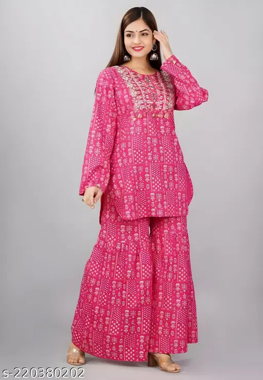 Printed pink rayon kurta set with sharara, classic and trendy Indian outfit for women