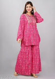 Printed pink rayon kurta set with sharara, classic and trendy Indian outfit for women