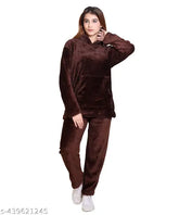 Soft & breathable wool hooded nightsuit set for girls and women, warm winter casual wear with long sleeves in solid pattern, ultra-comfortable relaxation attire from India