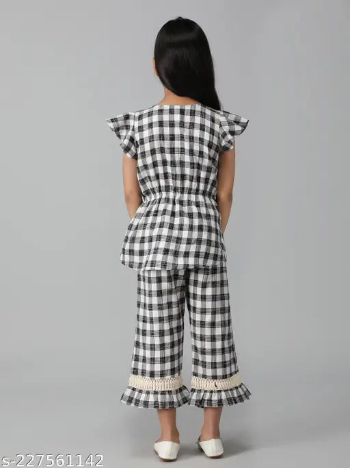Black pure cotton girl's checkered top and trouser set, 3-4 years, India origin