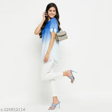Ombre blue rayon embroidered top, short sleeves, solid pattern for women's fashion, India origin