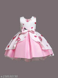 Pink printed satin frock with full sleeves, suitable for 4-5-year-old girls, party wear