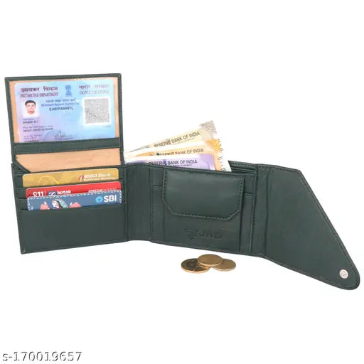 Green faux leather JnD men's wallet with 2 compartments, textured pattern, designed for maximum needs, made in India