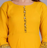 Mustard solid rayon Anarkali women's kurta, three-quarter sleeves, Indian fashion trend