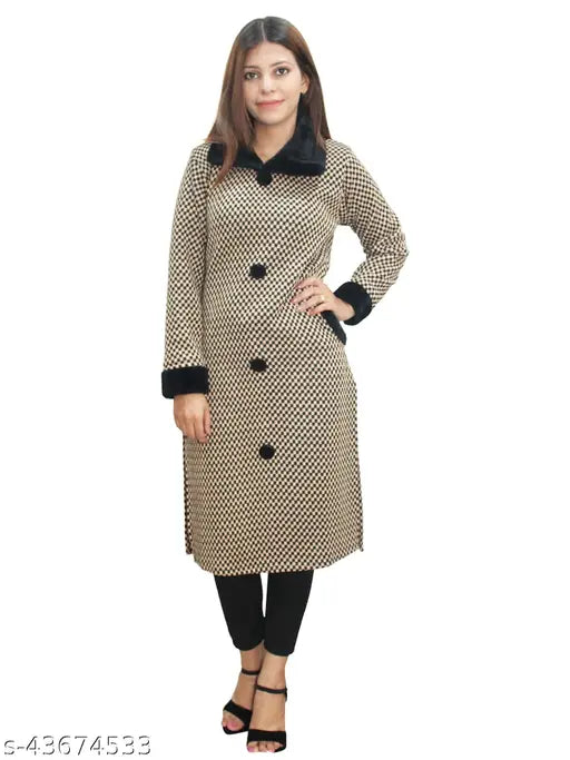 Beige wool checked collar sweater by Matelco, self-design/knitted pattern, long sleeves, calf length with fur collar and pockets, ideal for winter wear