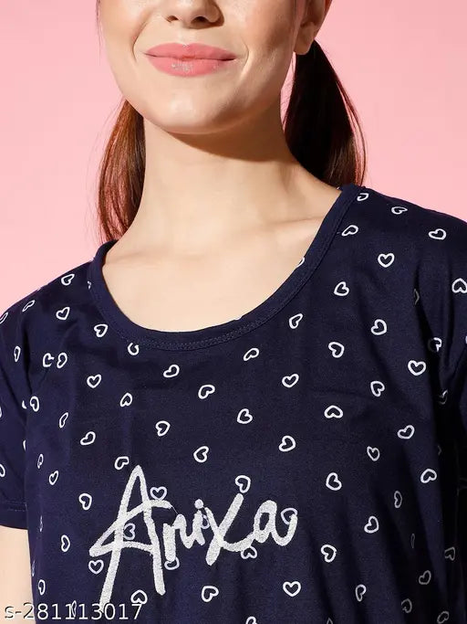 Short-sleeve printed cotton nightdress & pyjama set (Set 2), free size with collar, India origin