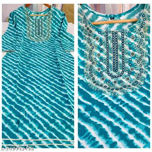 Blue rayon embroidered yokr kurti with leheriya pirint and lace border, size 5XL or 6XL, Indian women's winter wear