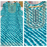 Blue rayon embroidered yokr kurti with leheriya print and lace border, suitable for women's winter wear. 6XL size, 50" bust, 44" length