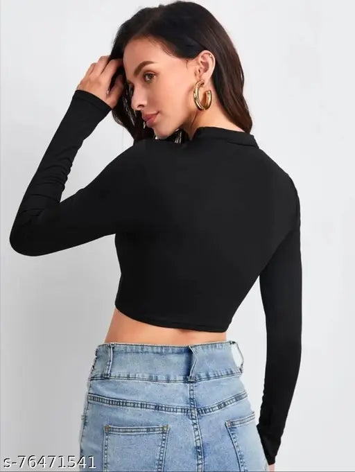 Black polyester blend full sleeve crop top, 17 inches long, solid pattern for women's casual wear