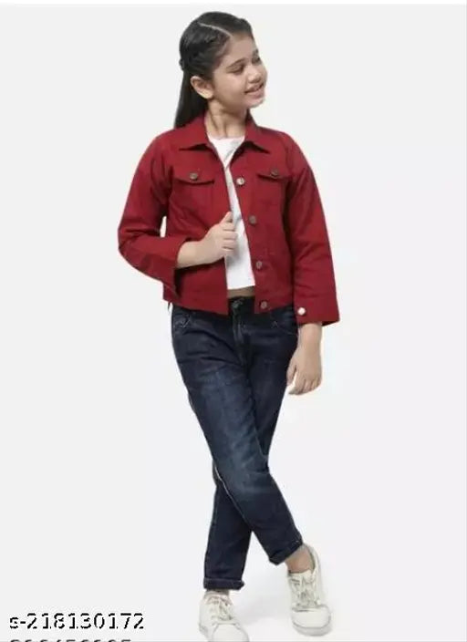 Cute color denim jackets, long sleeves, solid pattern for kids aged 9-10 (bust size 30in) or 15-16 years (bust size 34in), made in India