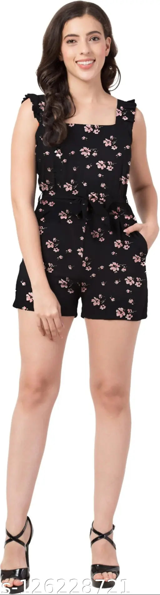 Floral printed crepe short jumpsuit for women, trendy Indian design