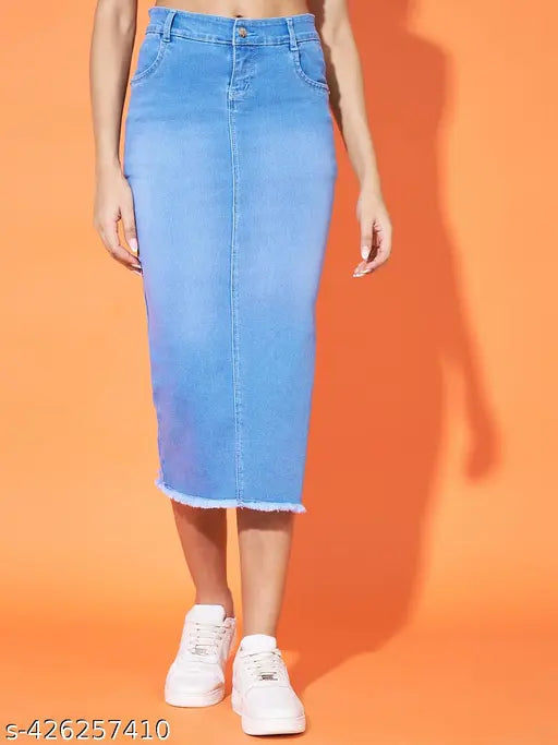 Denim-washed long side slit stretchable cotton blend skirt, solid color, size 24, 26, 28, 30, 32, 34 (waist sizes and lengths vary), made in India