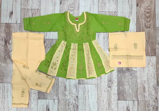 Cotton Anarkali suit set for girls, embroidered palazzos & top with three-quarter sleeves, Lucknowi Chikankari handwork