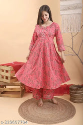 Women's cotton three-quarter sleeve flared Anarkali kurti, printed rayon fabric in solid combo, XS to XXL sizes available