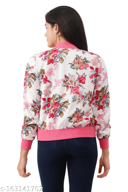 Floral print women's crepe jacket, perfect for cool weather with ribbed details and two pockets, made in India