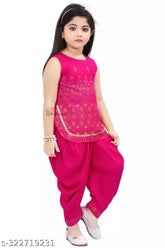 Trendy rayon churidar patiala set for girls, birthday, anniversary, festivals. Printed net dresses with sleeveless design." (109 characters)