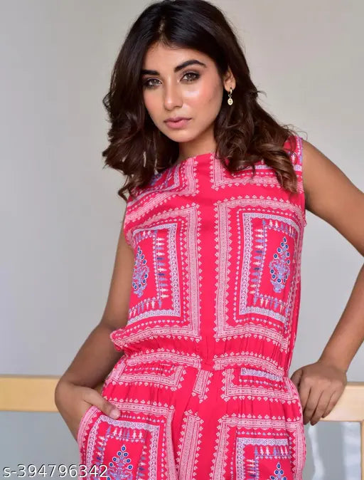 Rayon sleeveless printed net jumpsuit, contemporary style for women's fashion in sizes XS and L (40in bust, 32in length, 36in waist), XL (42in bust, 32in length, 38in waist). Made in India