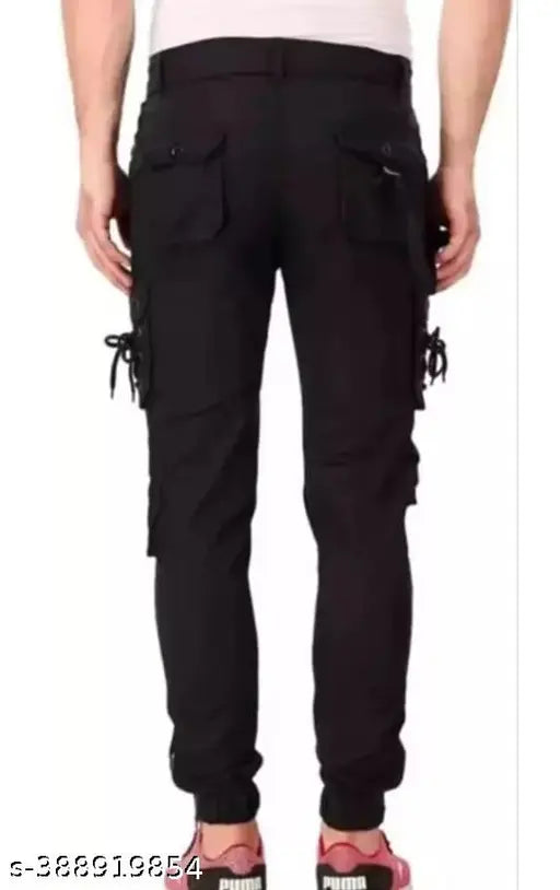 Men's black cotton blend cargo jeans, solid net style. Close-up image shows size 32 waist, 41 length, and 36 hip. Made in India