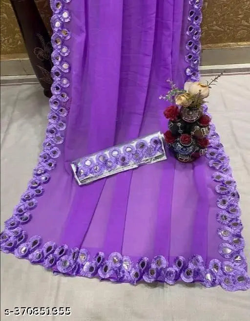 Lavender Georgette Solid Handloom Saree with Embroidered Net Blouse - Beautiful Indian contemporary fashion accessory