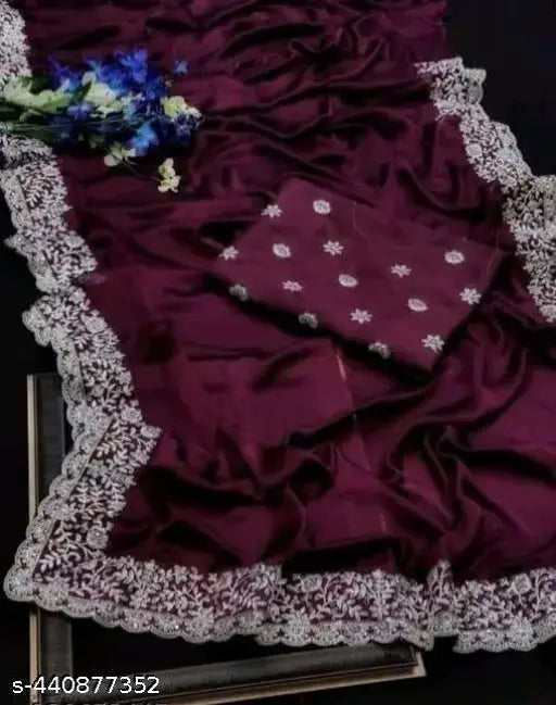 Purple embroidered Georgette silk saree with unstitched blouse piece for festive traditional wear, free size, India origin