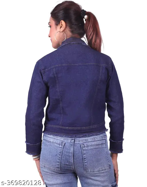 Dark blue denim jacket, trendy regular fit for women, solid pattern, machine washable
