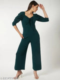 Solid polyester jumpsuit with cowl sleeves, India-made fashion piece for women, one-shoulder design, straight cut bottom, perfect for stylish events