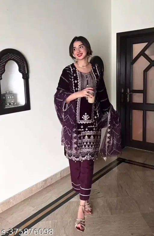 Viscos velvet with corded sequence embroidery work suit - cotton silk Kurta, three-quarter sleeves, embellished with Indian motifs, single set in M (38in bust), L, XL (42in bust)