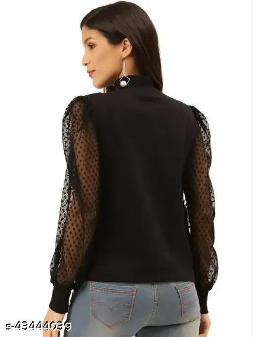 Black solid cotton Victorian winter top with high neck and polka sheer lace full sleeves for women