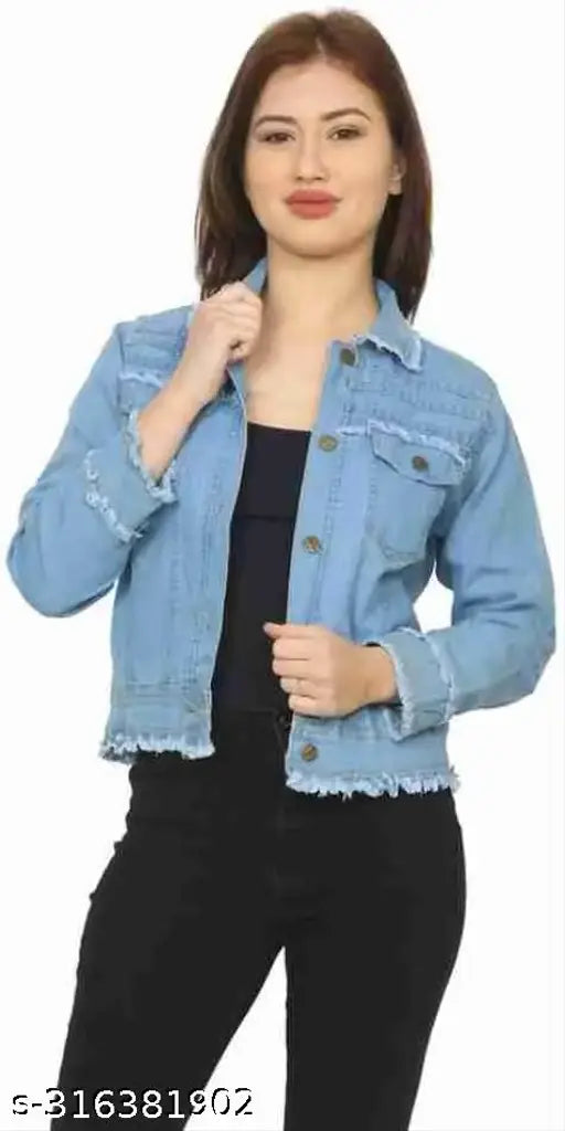 Denim, light blue jacket with solid pattern, long sleeves, available in sizes S-XL. Fashionable outerwear on model