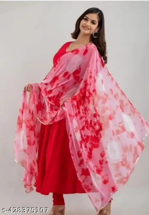 Red rayon three-quarter sleeve women's gown with dupatta - Elegant for special occasions, Indian origin