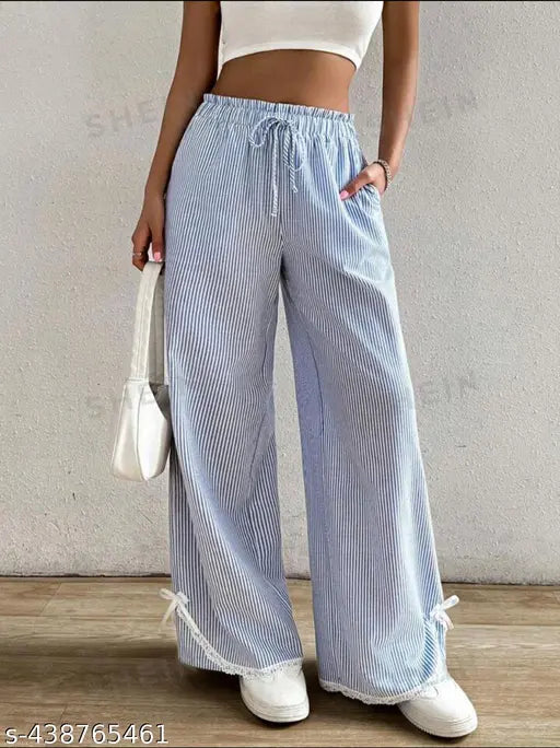 Blue cotton blend wide-leg denim with stripes pattern (39" inch full length), mid rise, elastic waistband. Perfect for casual, formal, office, daily wear, or party occasions