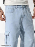 Men's oversized light blue denim cargo jeans, solid pattern, size 28 (waist 29in, length 40in, hip 36in) on mannequin
