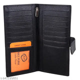 Black PU leather casual wallet, 2 note compartments, 11 card slots, free size (L17cm x W9cm), ZnW-Enterprise design