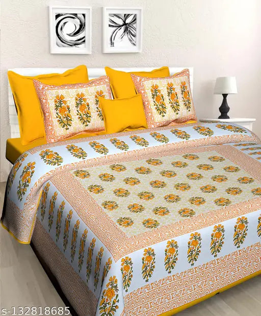 Rajasthani Prints double bed cotton flat sheets, superfine floral design with 2 pillow covers - vibrant Indian style for summer