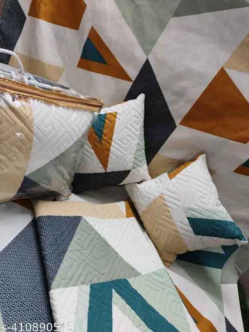 Multicolor geometric-print Clovis Krafts bedsheet set (King, 5pc, heavy quality cotton), includes 2 pillow covers, 2 cushion covers, and a carry bag. Ideal for summer, ideal for adults