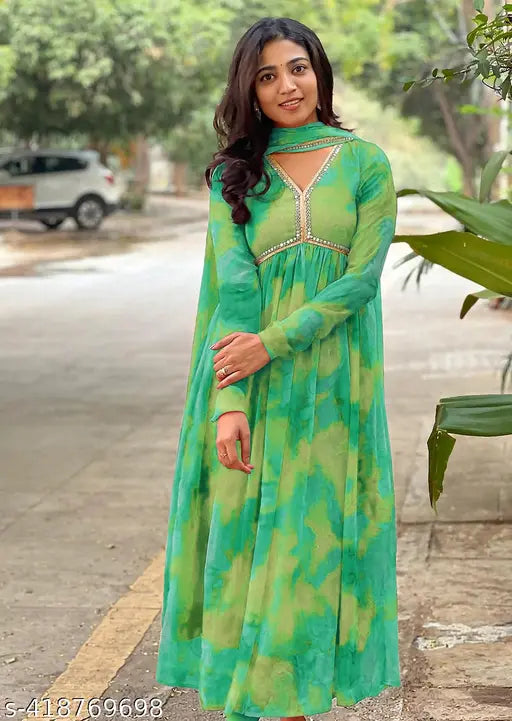 Women's Georgette Floral Anarkali Kurta with Dupatta - Trendy Casual Partywear, Long Sleeve, Colorblocked, Size S-XXL