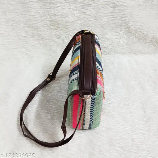 Jute Classical Applique Design Women's Sling Bag, printed net pattern, 3 compartments, free size, trendy hand block prints, sturdy grip, adjustable belt, India-made