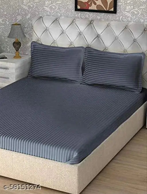 Blue white grey maroon striped AKIN 220 TC Glace cotton double bedsheet with 8 pillow covers, ideal for home, hotels, or guest house