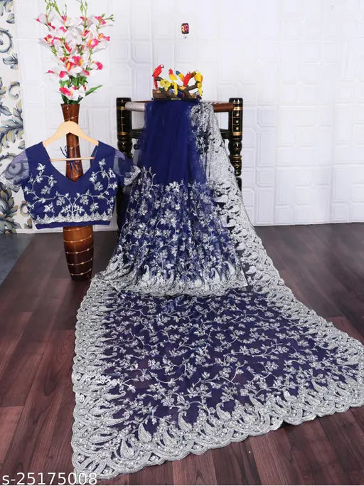 Embroidered net party wear saree with satin blouse, vibrant colors, handwork stone & rivet work. Made with superior quality Indian net fabric