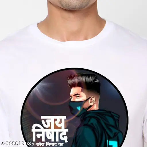 White cotton short-sleeve Nishad Raj T-shirt, printed net design with Jai Nishad motif. Made in India