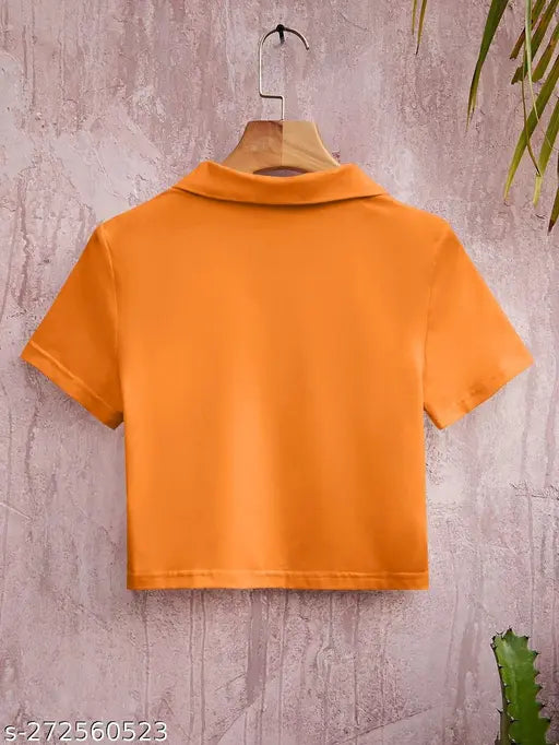 Cotton collar zipper tops, solid pattern, short sleeves, size XS-XXXXL from India