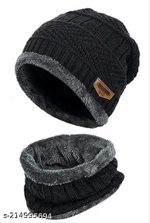 Black wool beanie cap (onesize), perfect for winter sports and casual wear, fur-lined interior for extra warmth - ideal for men, women, girls, and boys