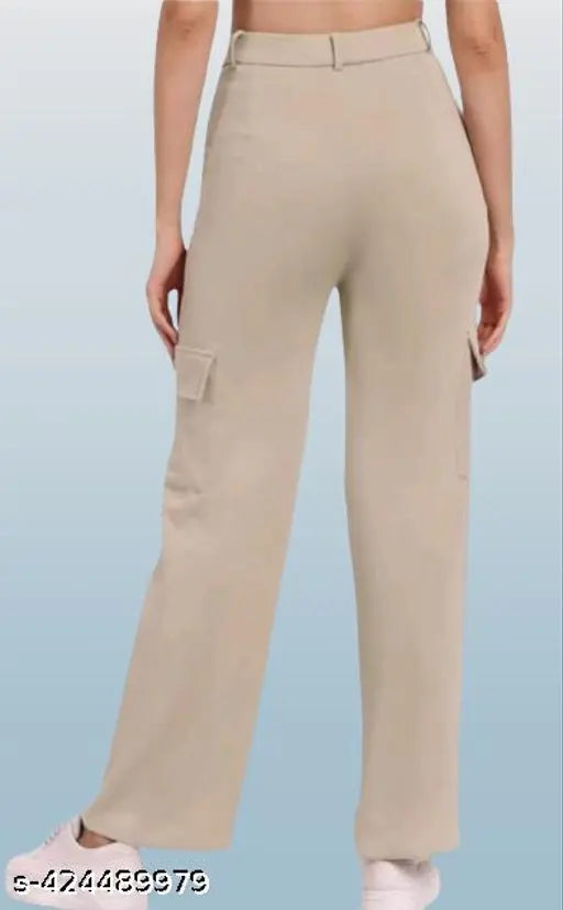 Cream cotton blend cargo pants, high rise with slanted inset pocket and flap patch, stretchable and suitable for casual or formal wear