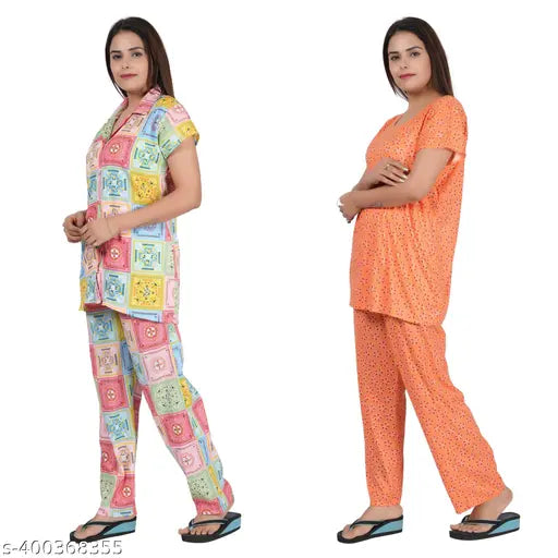 RILO Women's Cotton Blend Nightsuit Top & Pyjama Set with Pocket Combo Pack of 2 - Indian-made, comfortable, printed casual nightwear set with short sleeves and pockets