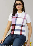 Multicolor cotton blend checked polo t-shirt for women, suitable for summer wear and casual occasions