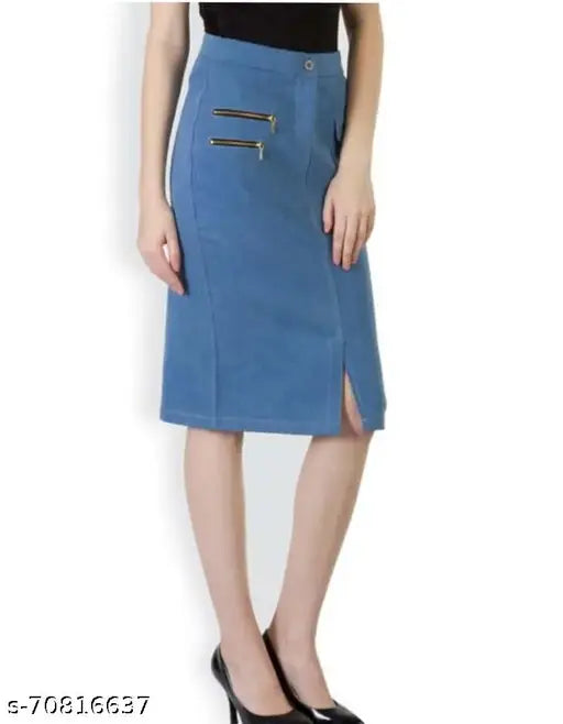 Blue denim women's formal pencil skirt, solid pattern, trendy addition to your wardrobe, size 34 (waist 34in, length 23in, hip 41in), made in India
