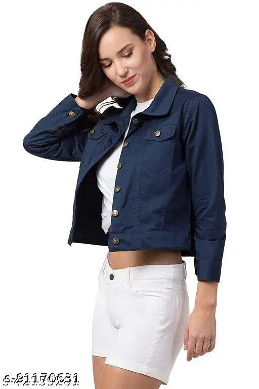 Solid denim long sleeves women's jacket from India