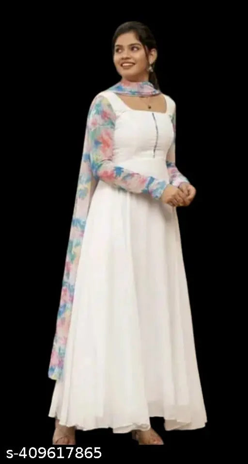 White Georgette Kurti set with dupatta, pastel shades, full sleeves. Indian-made fashion wear for women