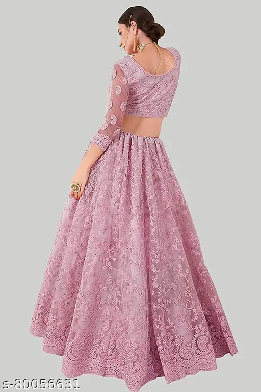Fancy embroidered net lehenga set for women, semi-stitched with free size (44in waist, 44in length)