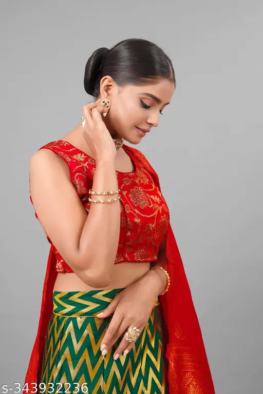 Silk embroidered Banarasi Lengha Choli with blouse and dupatta, Indian ethnic motif, semi-stitched and lined